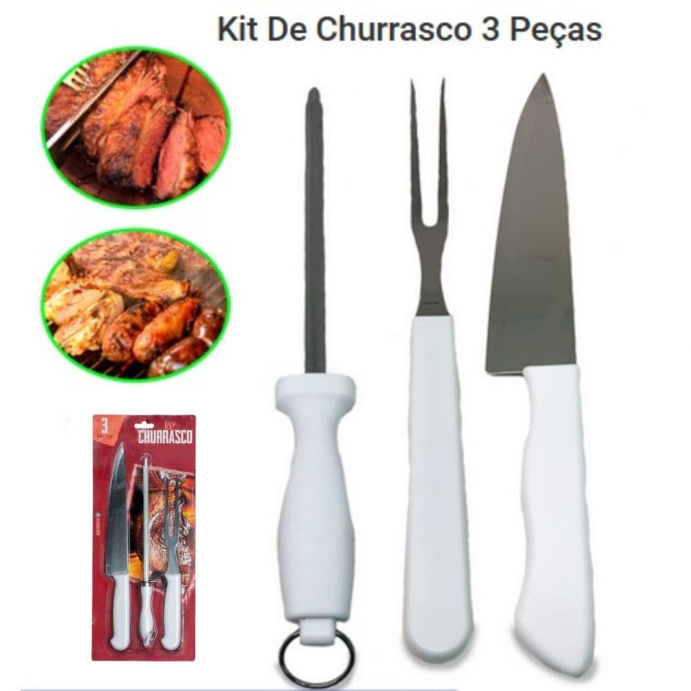 Kit Churrasco em aço inoxidável com 3 Peças Garfo Trinchante Faca e Chaira