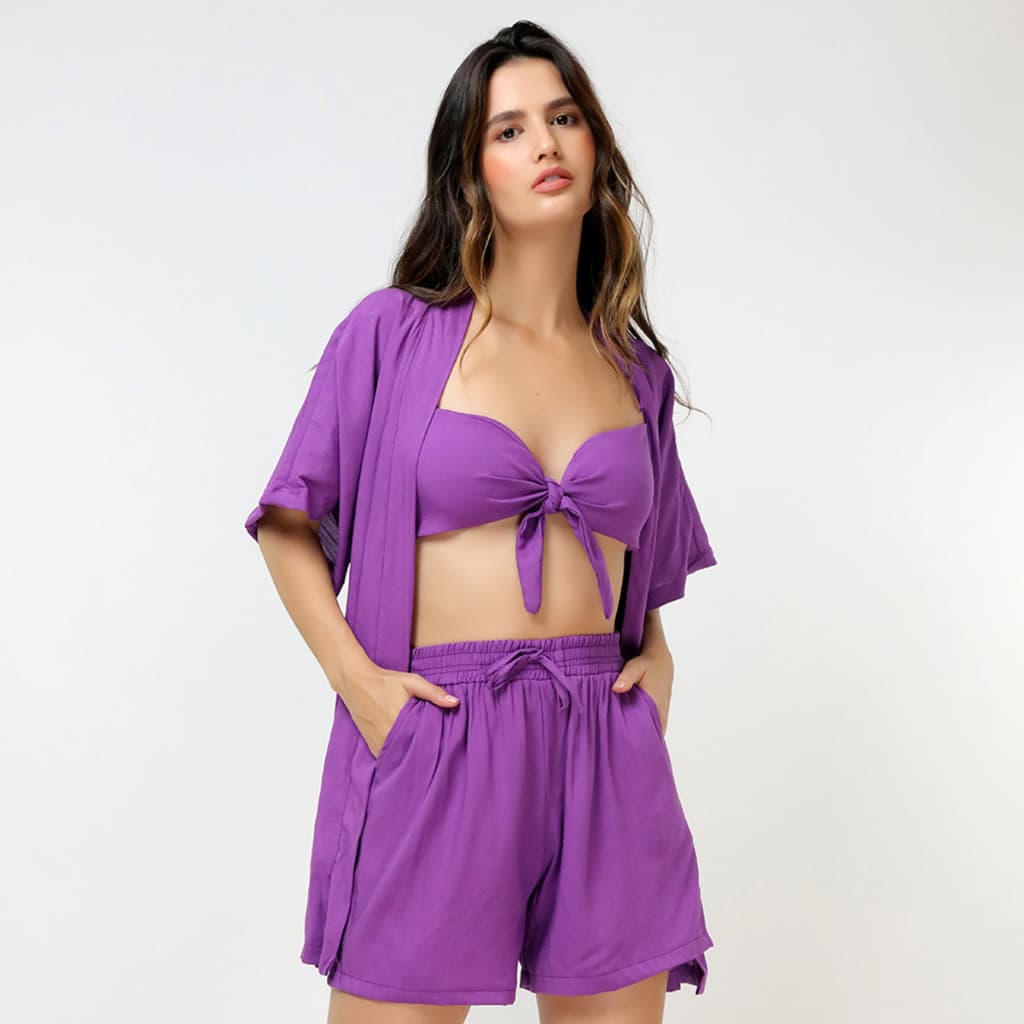Conjunto Feminina (kimono+short+cropped)Estampalorais e lisos Com Bojo