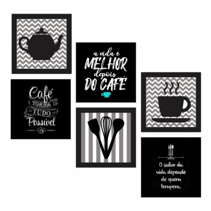 Kit Quadros Decorativos Mosaico 6 Peças Cozinha Cantinho do Café Sabor Delicado Arte Cafeteria Preto
