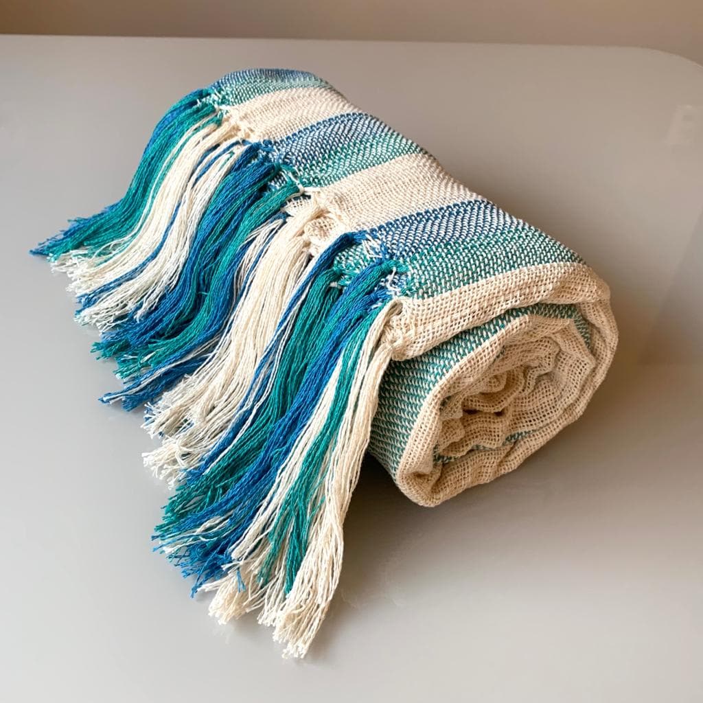 Manta Para Sofá E Peseira De Cama Azul De Faixa Xale Decorativa 1,20X1,80 Tear Mineiro