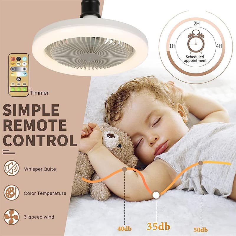 Inteligente ventiladores de teto silenciosa com controle remoto e luz, lâmpada LED, E27, Converter Base, Quarto, Sala de estar