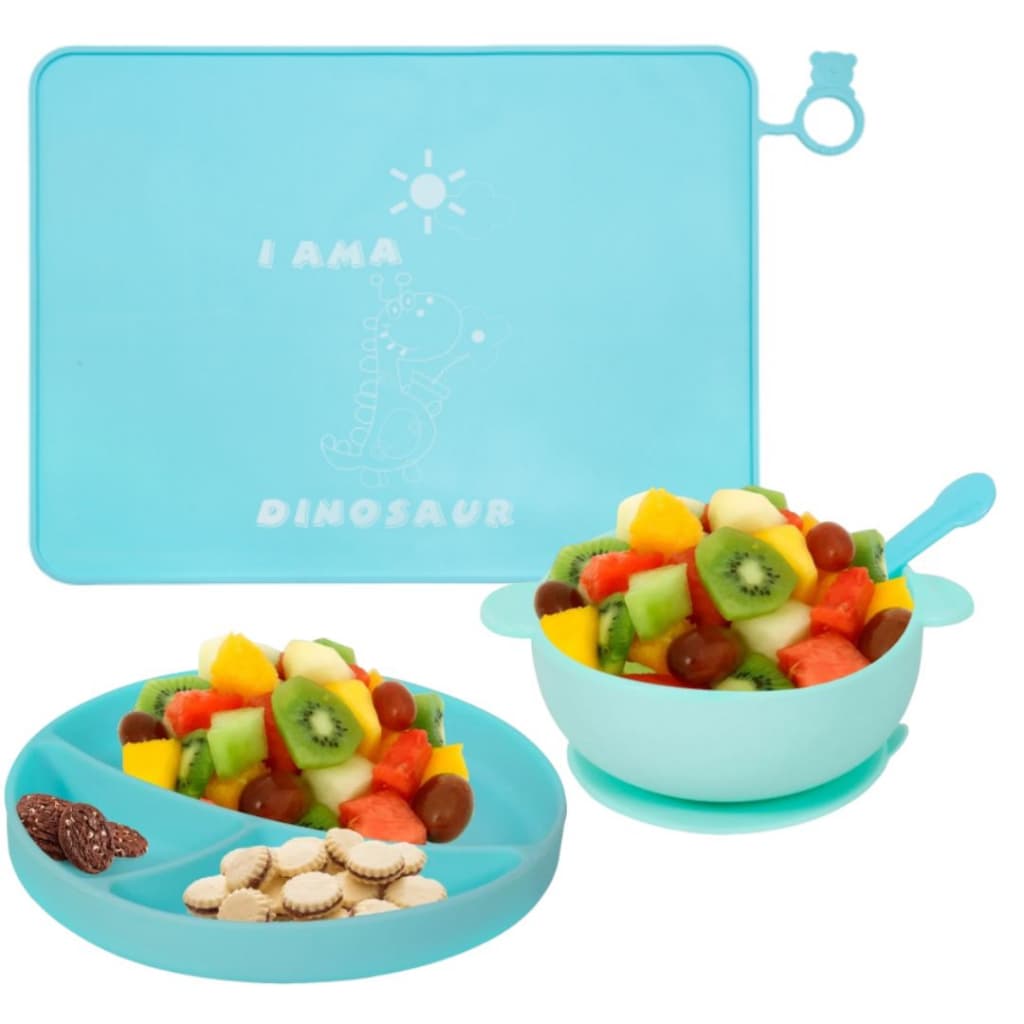 Kit Prato de Silicone 3 Divisórias Ventosa + Tigela E Tapete Mesa Mamadeira Forma Para Papinha