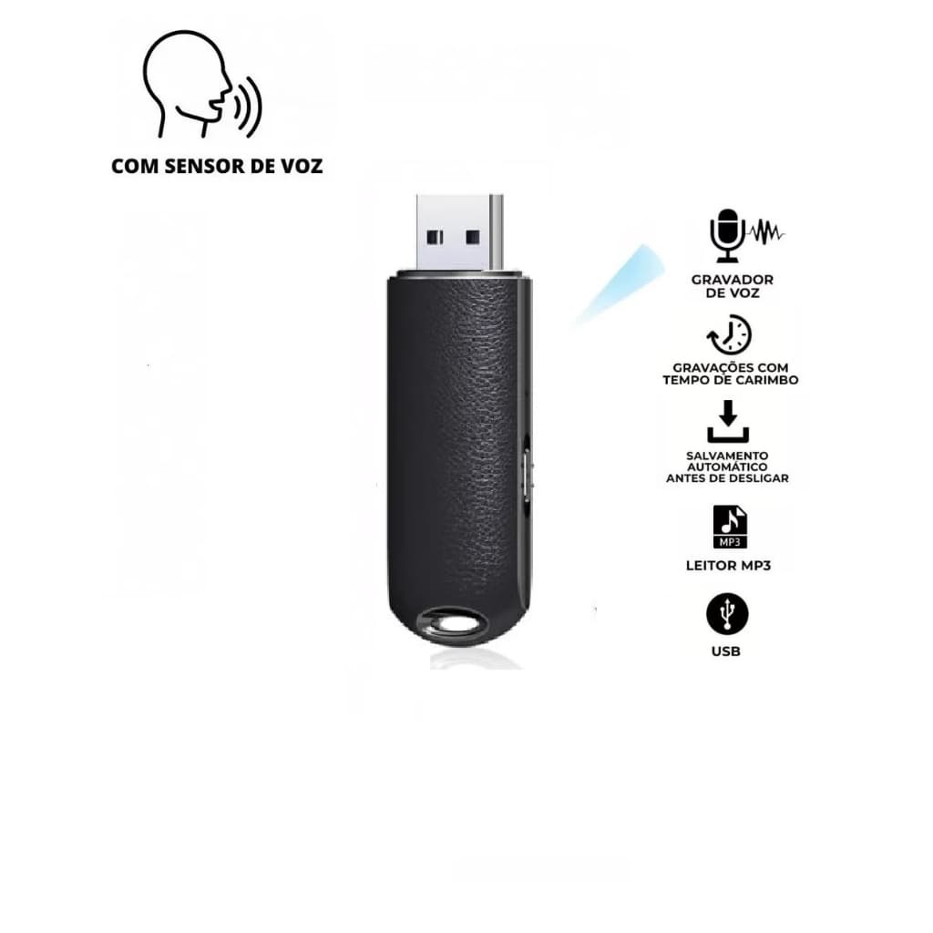 PenDrive 8GB Gravador de Voz Detecta Voz Liga Automatico 96 Horas de Gravação GRAPEN