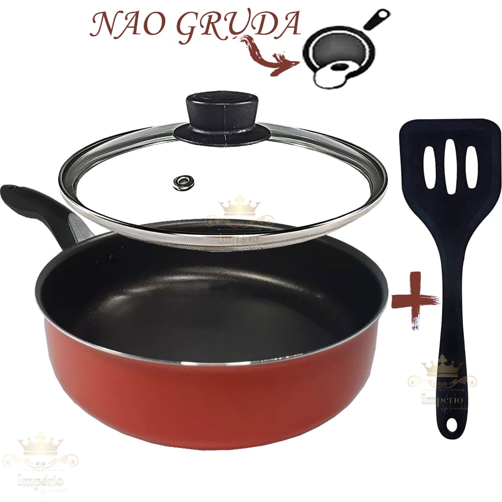 Frigideira Alta 22 Cm Com Tampa De Vidro E Espátula Antiaderente Com 5 Camadas De Teflon Cor Rouge Vermelha Frigideira Grande Funda Alumínio Resistente
