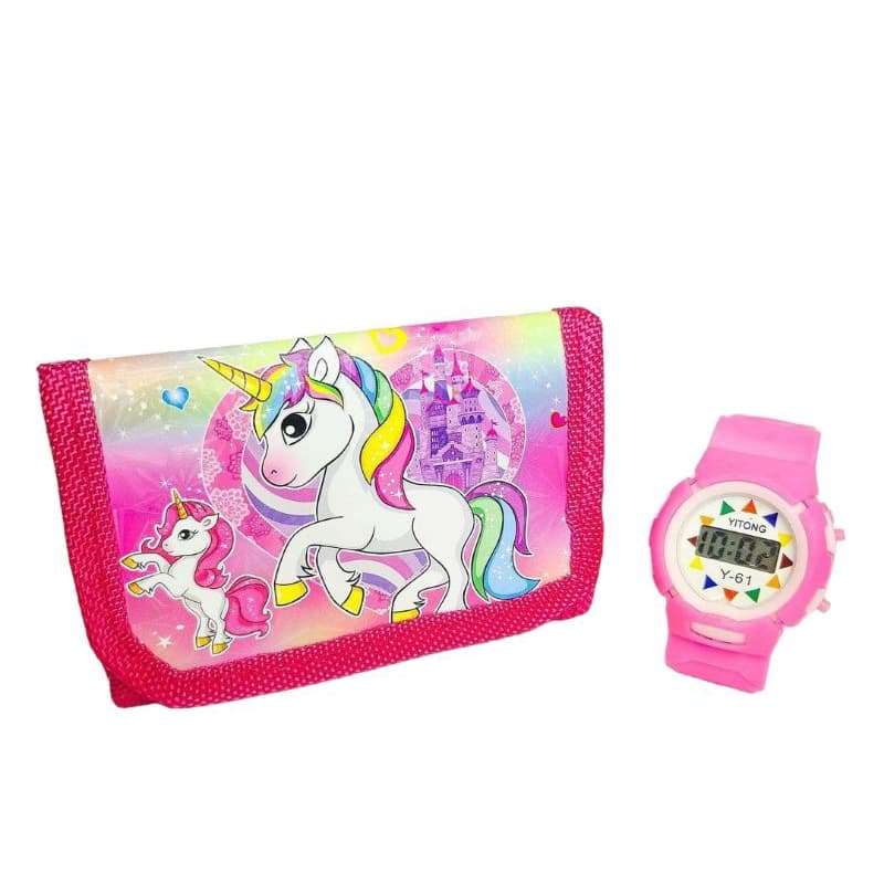 kit relógio digital infantil com carteira de menina personalizada unicórnio fofa
