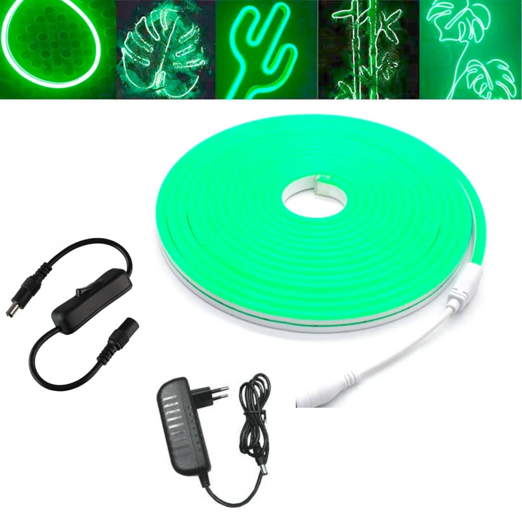 Fita Led Neon 5m Verde 12v Com Fonte 12V 3A e Interruptor P4 Led neon verde com cabo DC P4 fonte de alimentação para ligar na tomada