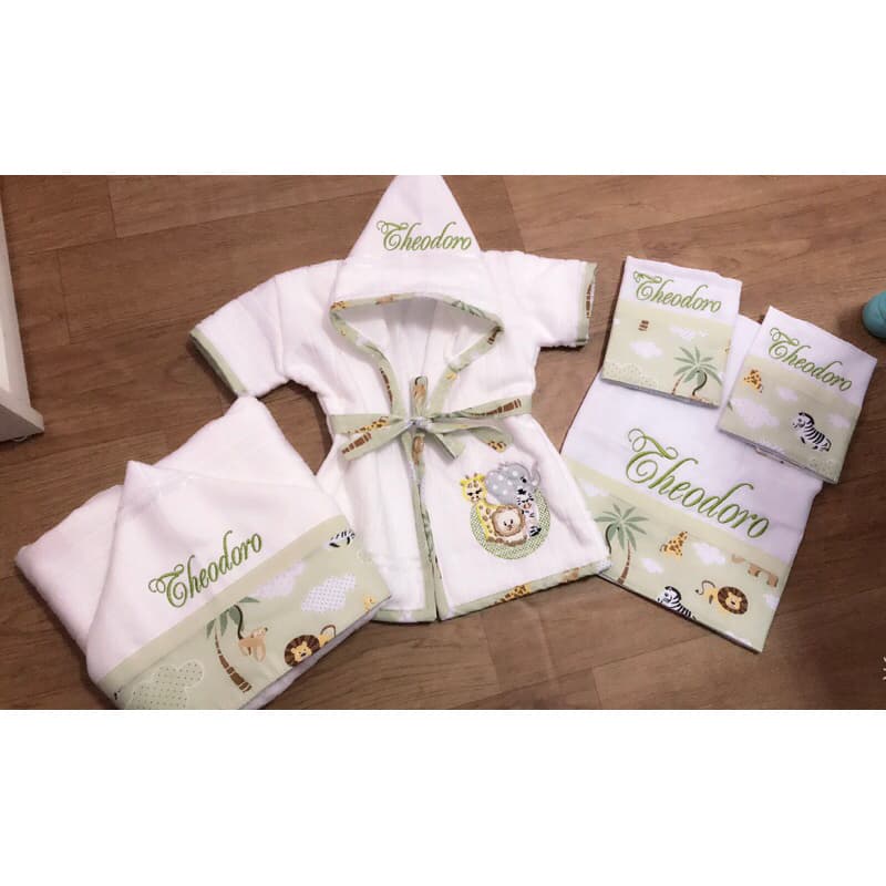 Roupão para bebê personalizado safari, toalha de banho, kit fralda