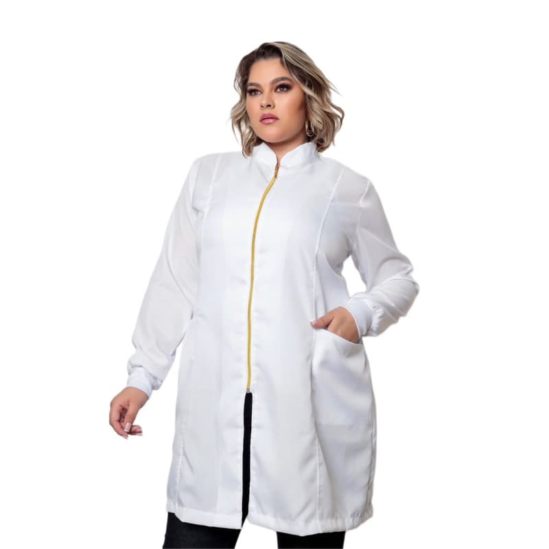 Jaleco Feminino Branco Oxford Zíper Gola Padre Plus Size Nice Gardenia Jalecos