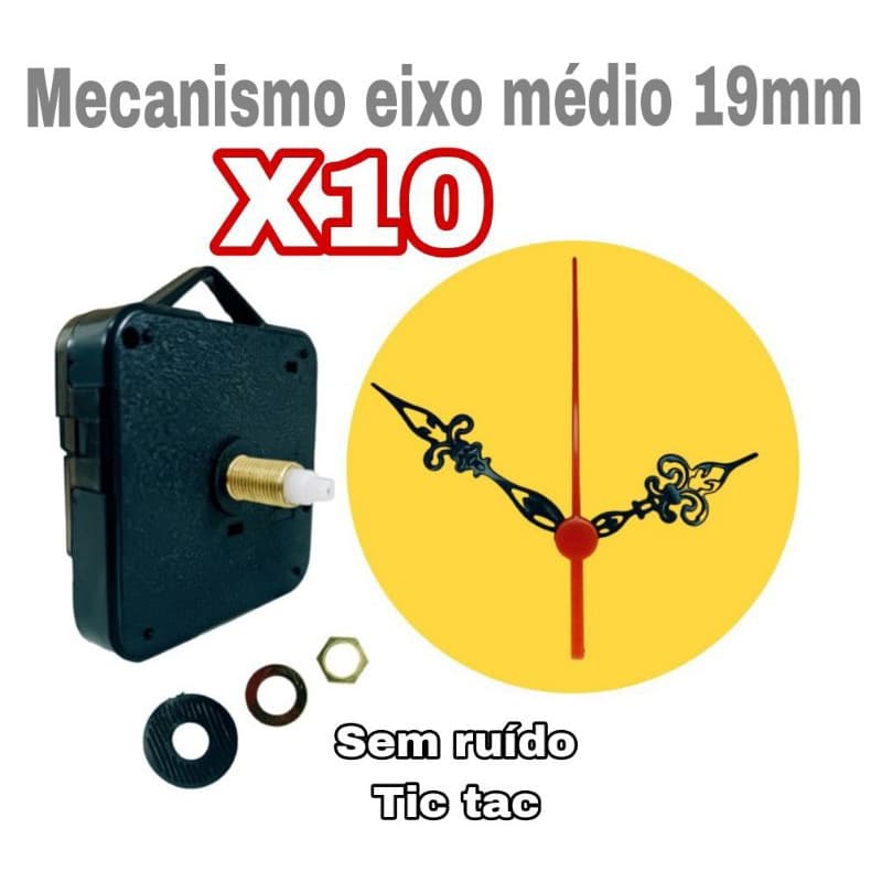10 Mecanismo P/Relógio De Parede 19mm Eixo Médio Sem Ruído Tic Tac Ponteiros Trabalhados Colonial
