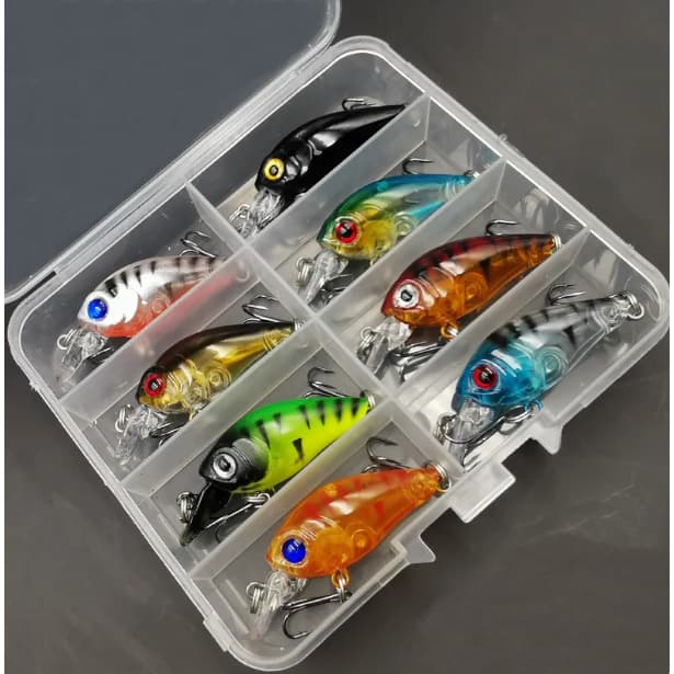 KIT COM 8 ISCAS + ESTOJO -ISCA ARTIFICIAL MEIA ÁGUA 4.5CM 3.5G PARA TUCUNARÉ/TRAÍRA/DOURADO/PIRARUCU