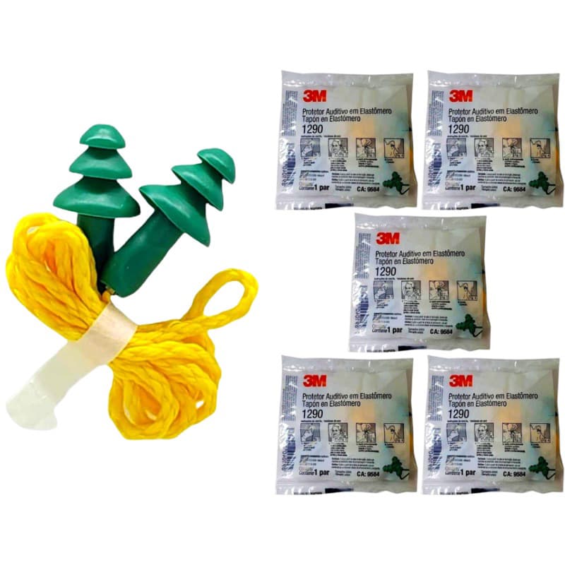 Kit 5 Protetor Auricular Auditivo Plug Em Elastômero 1290 3M Com Cordão De Algodão Para Ouvido Abafador De Ruídos