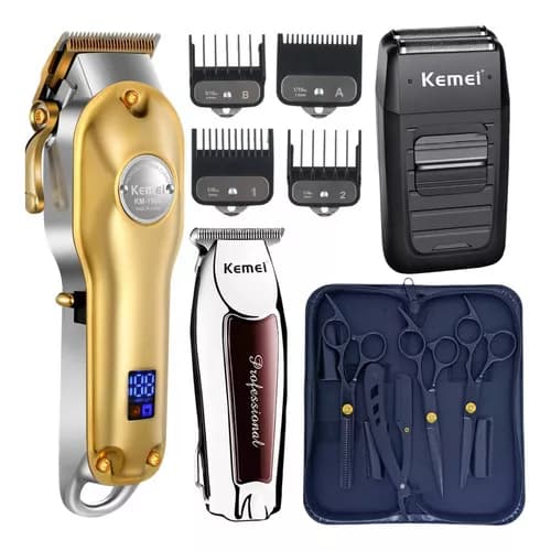 Kit 3 Tesouras Profissional Barbeiro Cabelo + Máquinas Corte Cor Dourado 110v/220v Kit barbeiro, cortador cabelo.