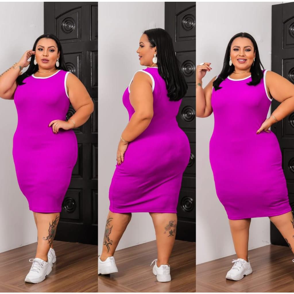 Vestido Feminino Modelo Regata Malha Canelada Plus Size