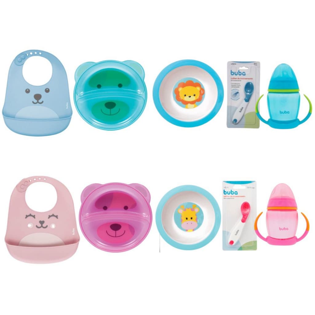 Kit Introdução Alimentar Buba com Babador de Silicone Pega Migalhas, Prato de urso com divisórias, Prato Bowl (tigelinha), Colher Termossensível e copo de treinamento com bico de silicone e alça removível