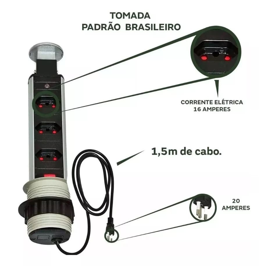 Torre De Tomada Multiplug Retrátil Embutir Mesa Bancad