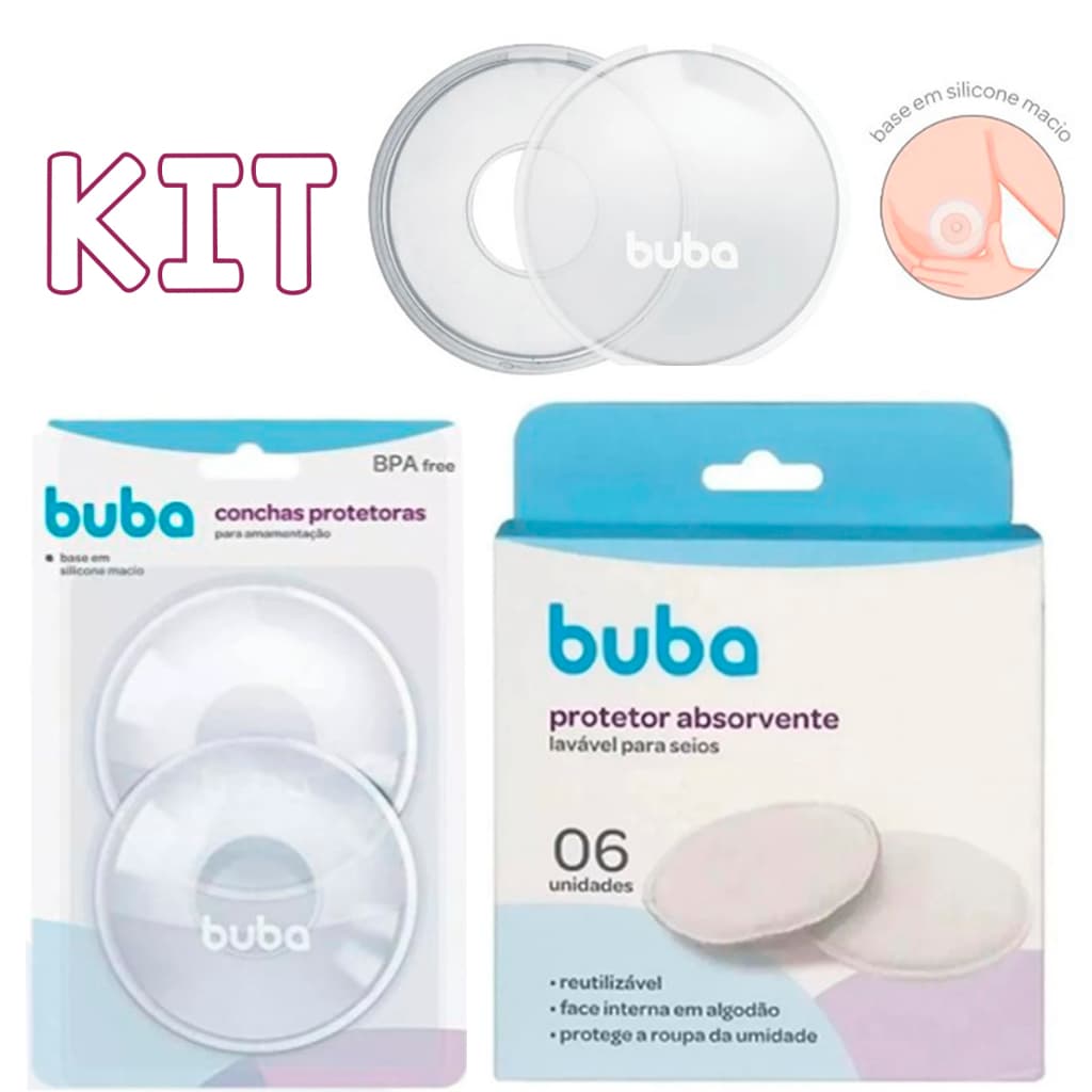 Kit Concha Conchas Protetoras Para Amamentação Base Silicone e Protetor Absorvente Buba Lavável Para Seios BUBA