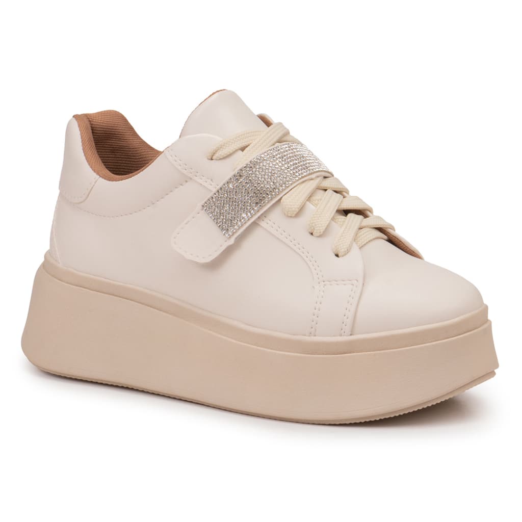 Tênis Feminino Casual Nude/Bege Plataforma Sola Alta com Tira de Strass Removível Original Conforto