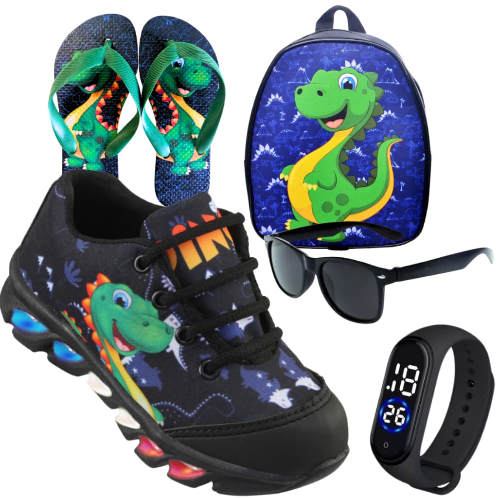 Kit tenis de LED infantil Dinossauro masculino mais chinelo mais mochila mais relogio e oculos