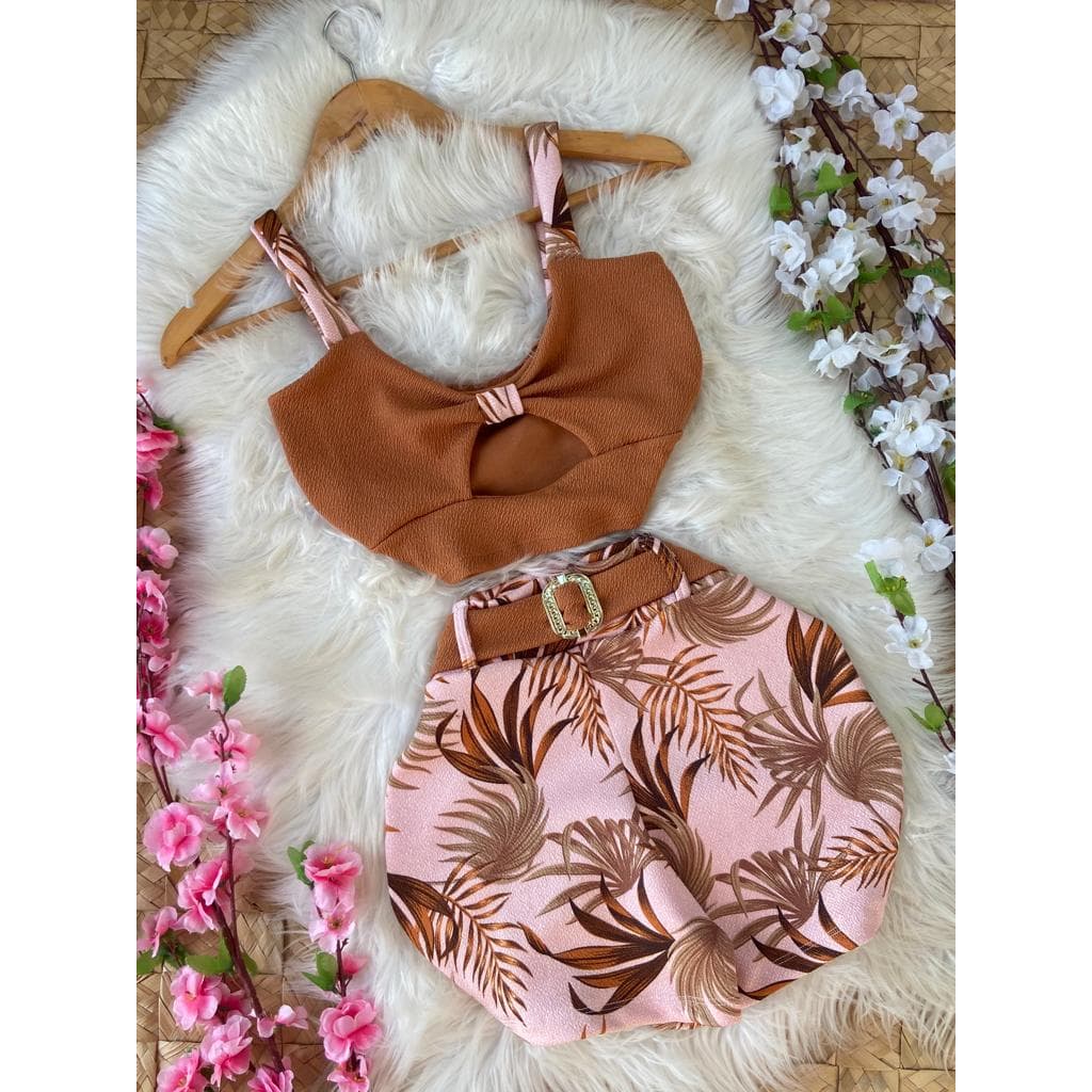 Top Marrom + Cinto + Short (34 ao 40) Conjunto Só Hoje!