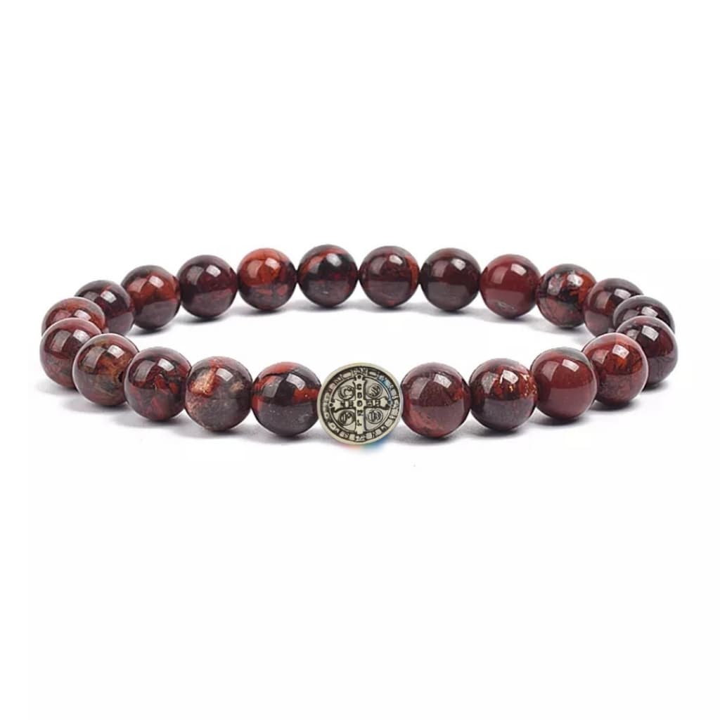 Pulseira Bracelete Elástica Pedra Natural Olho de Tigre Vermelha Afasta Mau Olhado Com Medalha de São Bento Masculino Fé