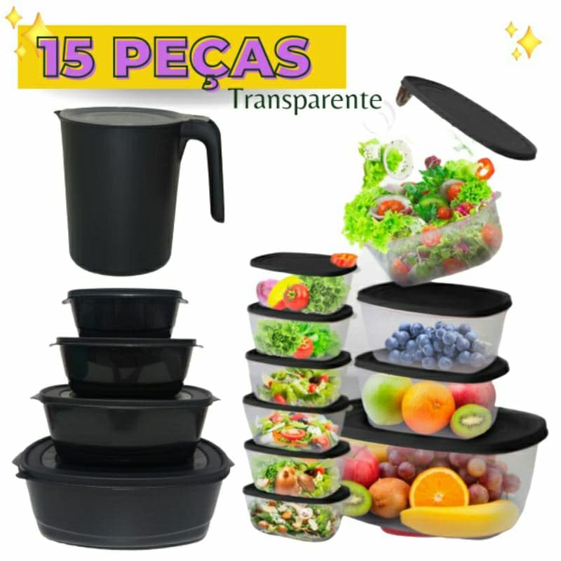 Super Kit de Potes Plástico com Tampa + Jarra com Tampa 1,8L 15 Peças Depósito de Alimentos