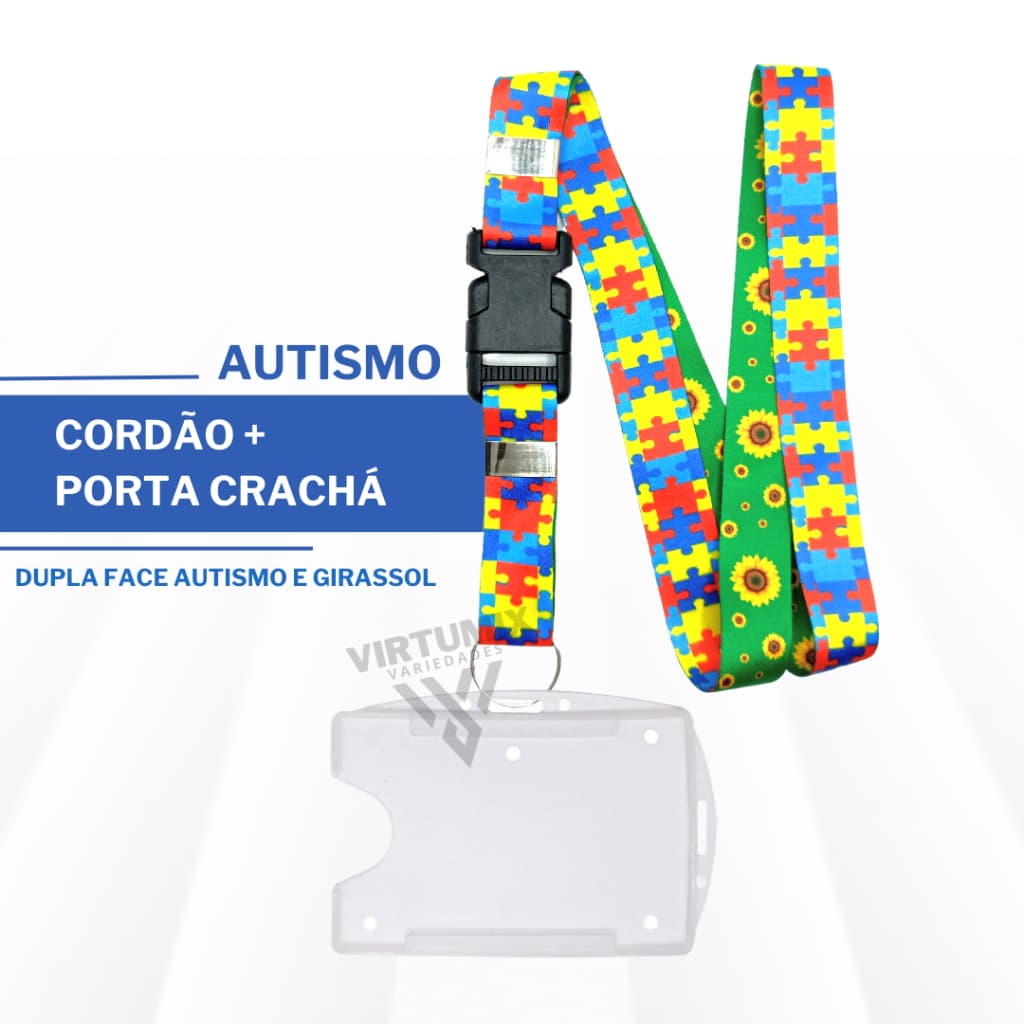Kit Cordão Autismo Dupla Face Girassol com Porta Crachá Horizontal e Vertical Transparente