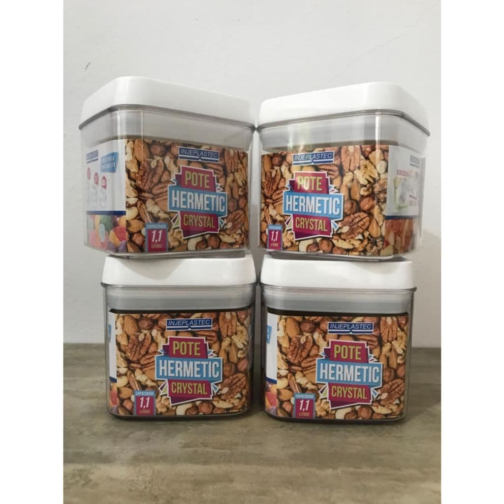 Kit 4 Potes Herméticos Crystal retangular com Travas Empilháveis 1,1 LITROS
