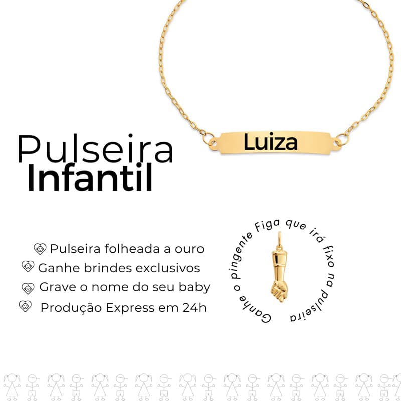 Pulseira Infantil Dourada Bebê Criança Recem Nascido C/ Nome  Antialergica