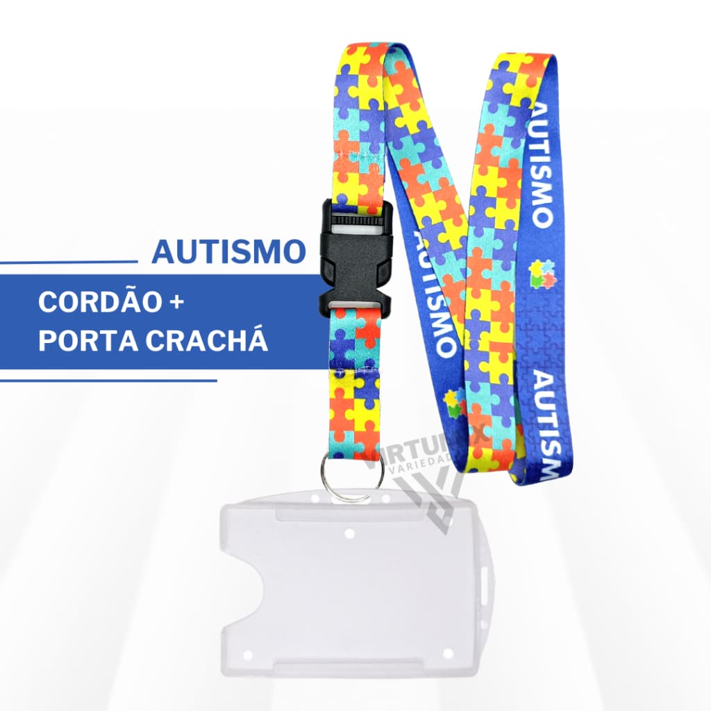 Kit Cordão Autismo Quebra Cabeça Dupla Face Azul com Porta Crachá Horizontal e Vertical Transparente Autista