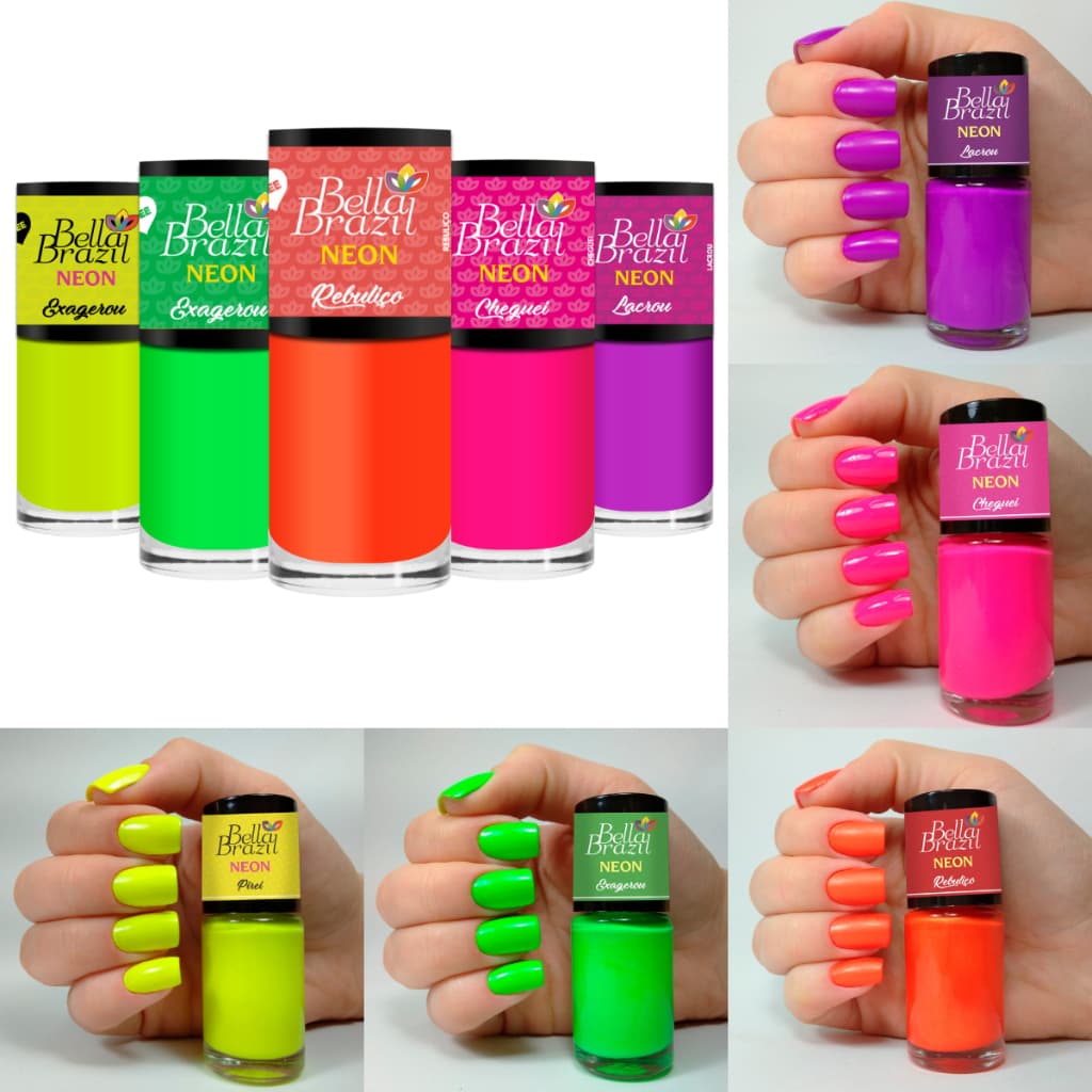 Kit 05 Esmaltes Neon 9ml 630 631 632 633 634