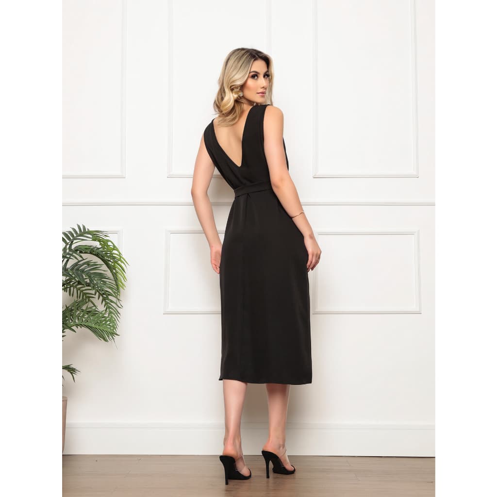Vestido Confortável Alfaiataria  Sensorial longo sem manga l Cinto l Cordão