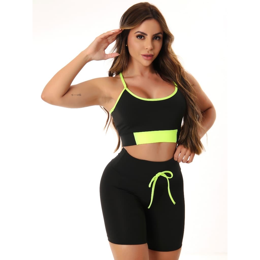 Conjunto Fitness Feminino De Academia Top Sem Bojo Nadador Short Legging Com Zero Transparência Neon