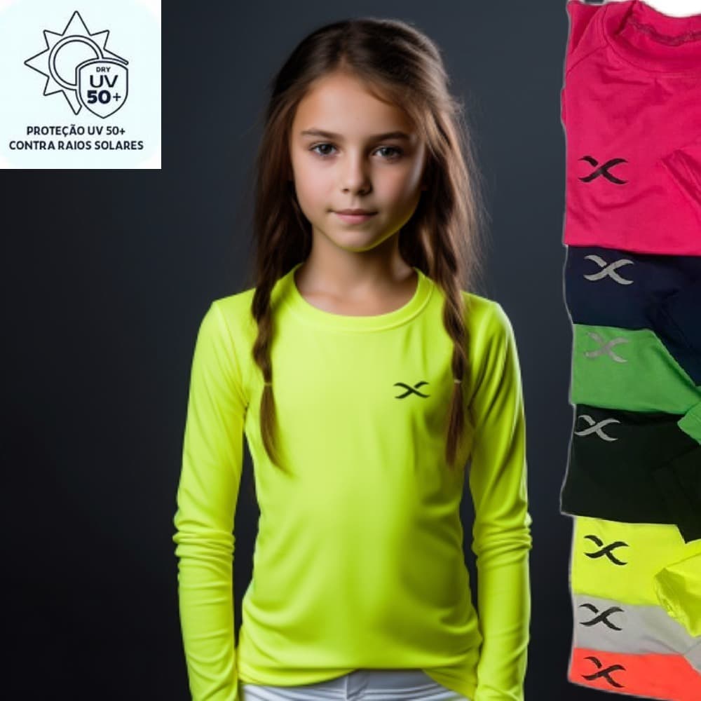 Camisa  de Menina Térmica Infantil Juvenil UV 50+ FPS Lisa Segunda Pele Praia Verão