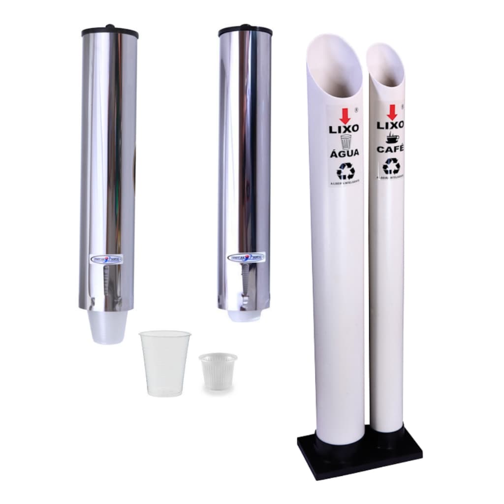 Kit Porta Copo Descartáveis Inox Água 200 Ml + Suporte Copo Café 50 Ml + Lixeira Coletor PVC Duplo Água e Café