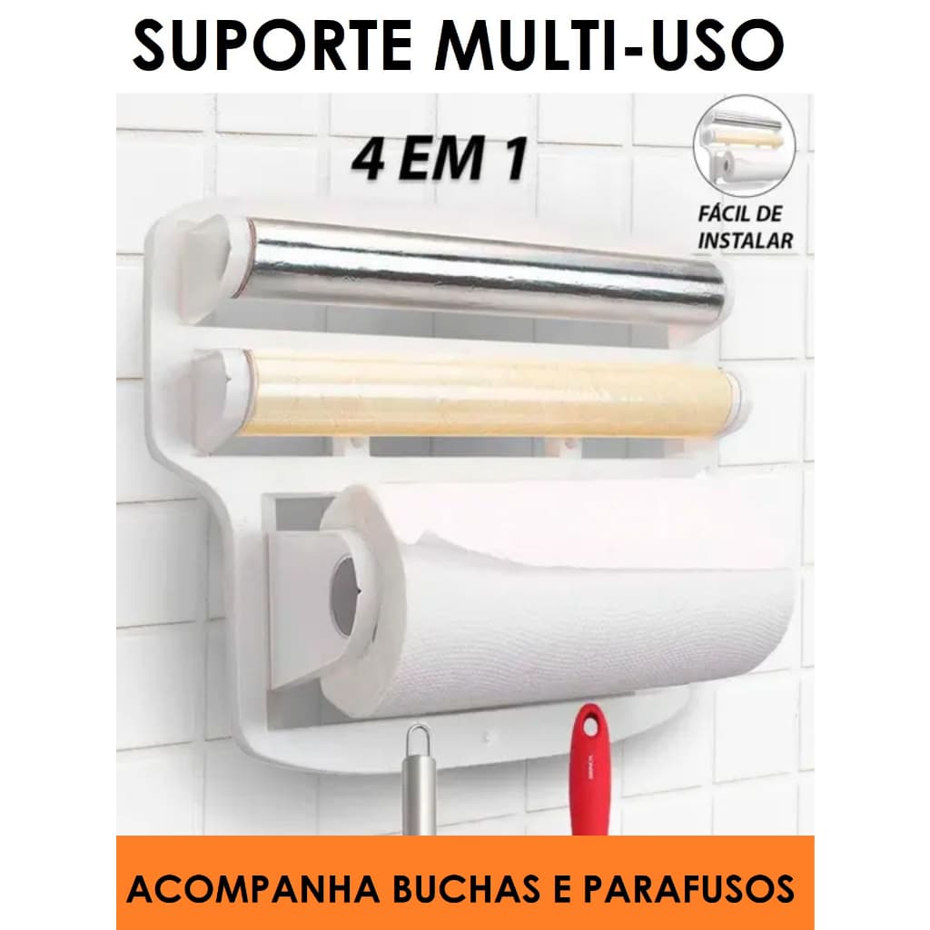 Suporte Cozinha 4x1plástico / Porta Papel Toalha / Alumínio / Filme De Pvc Gancho para utensílios