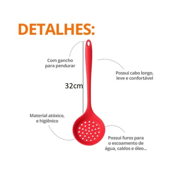 Escumadeira Colher 32cm Vazada de Silicone Gourmet Utensílios de Cozinha Universal