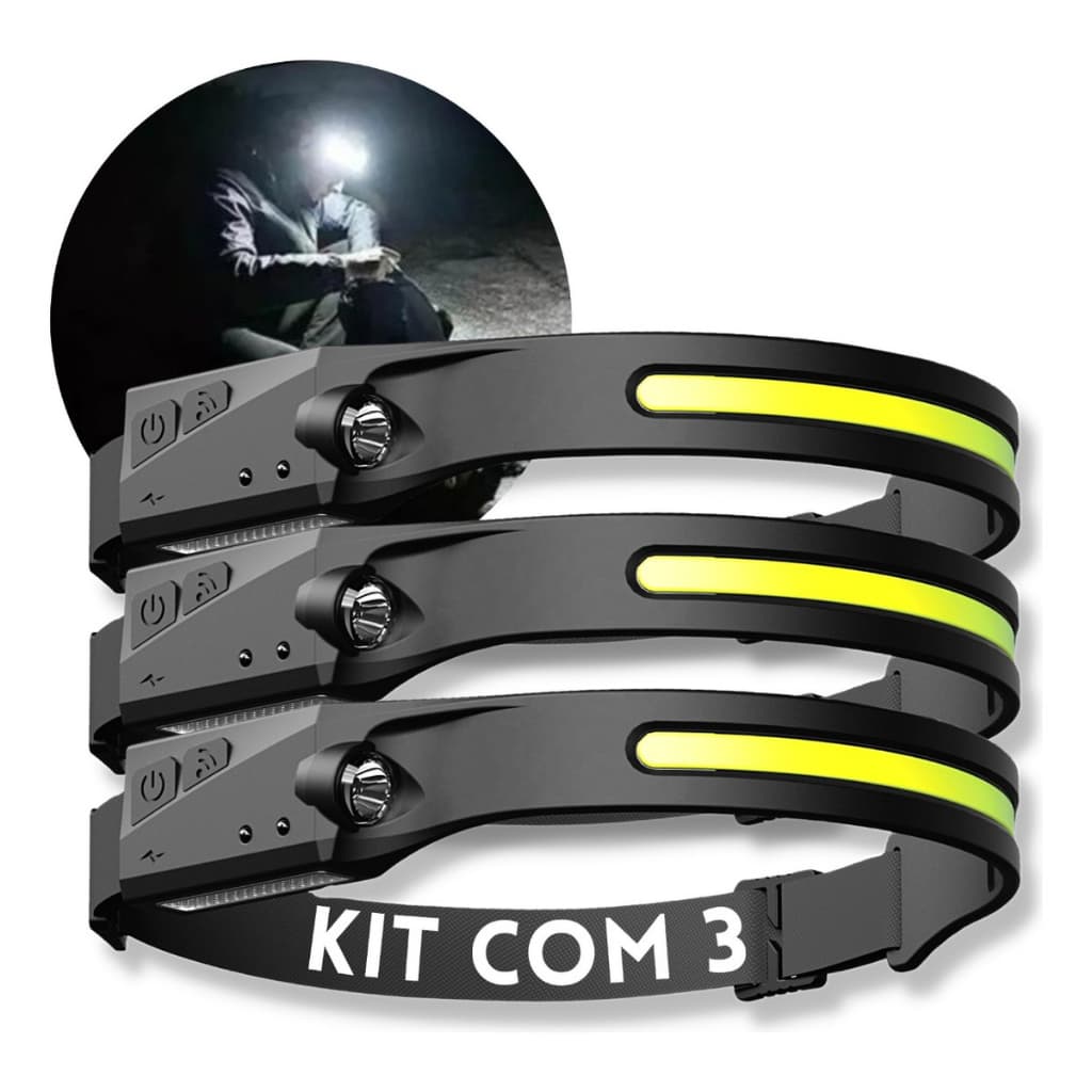 Kit 3 Lanternas De Cabeça Led Super Forte Resistente Água Corpo Motion Camping Torch Light Lamp Com Usb