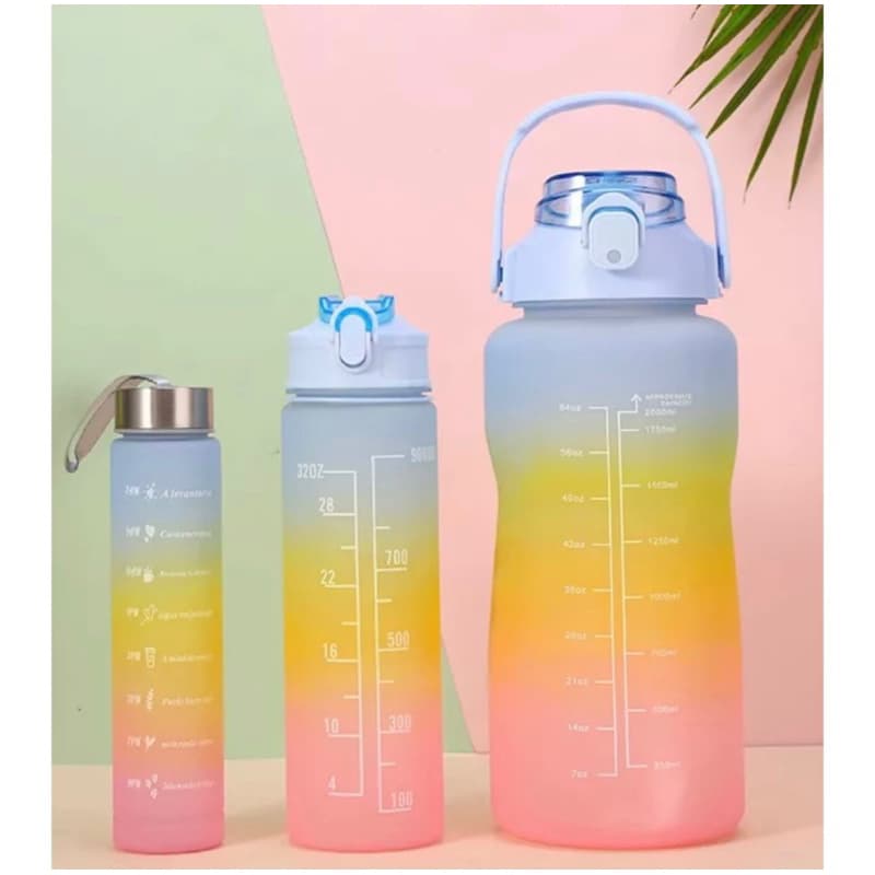 Kit Garrafas 3 em 1 garrafas 2L 900ml 300ml Squeze Academia Treino Tie Dye com adesivos
