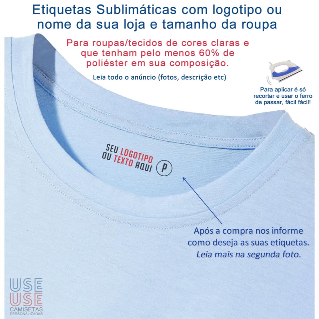 KIT com 120 Etiquetas Sublimáticas de 3,5 x 1 CM com logotipo ou nome da sua loja e tamanho da roupa