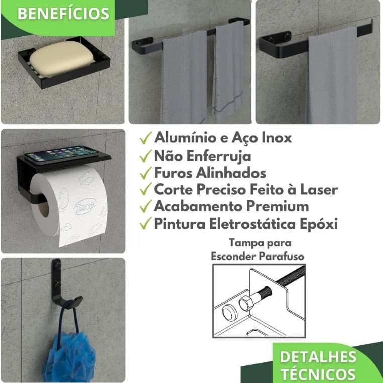 Kit peças para Banheiro Suporte Acessorio Preto Fosco 5 Peças Aluminio