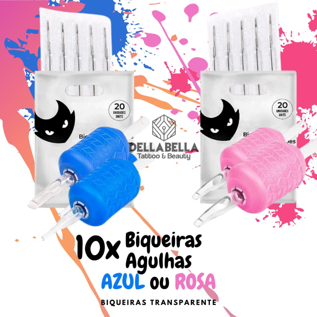 10 Biqueiras Rosa ou Azul Electric Ink Transparente e 10 Agulhas Aston Machine TattooTatuagem