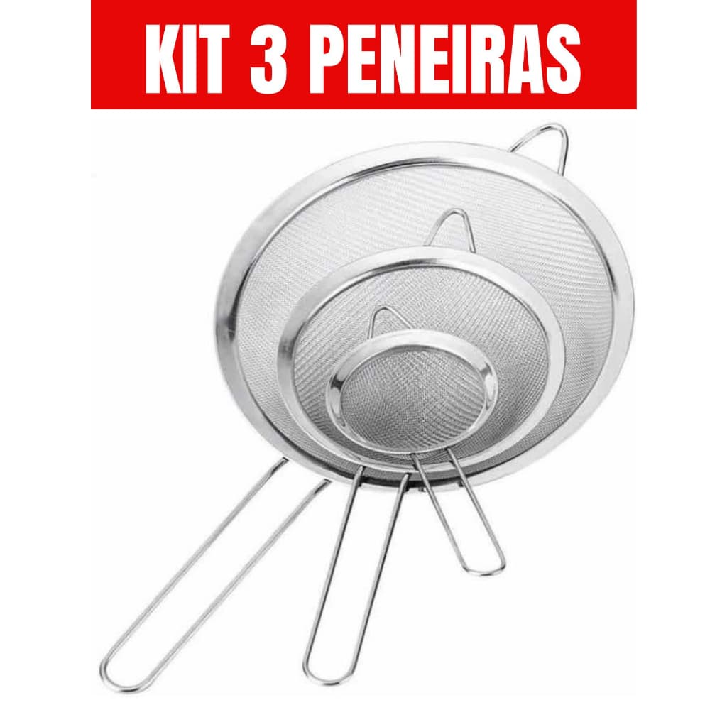 Kit Peneira Inox 3 Peneiras de Metal Aço Inoxidável 8CM / 10CM / 12CM Conjunto Utensílios De Cozinha