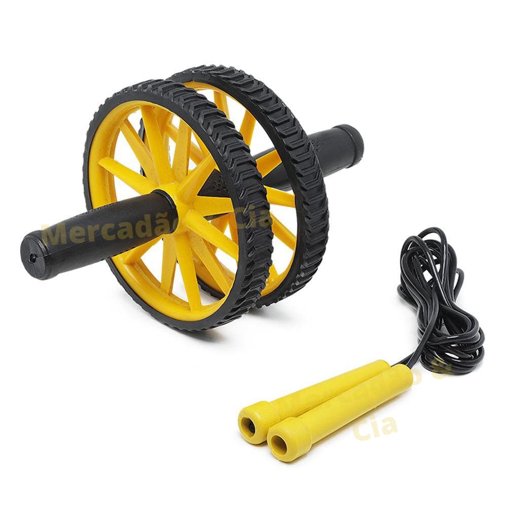 Kit Rodinha Abdominal Dupla Preta + Corda de Pular Preta