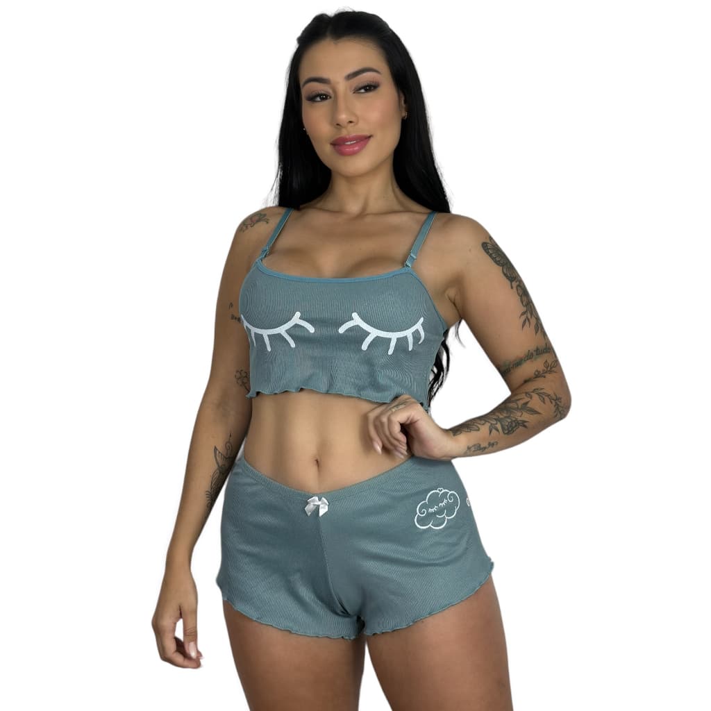 Conjunto Short Doll Canelado Liso Pijaminha Roupa de Dormir Verão Pijama Ribana