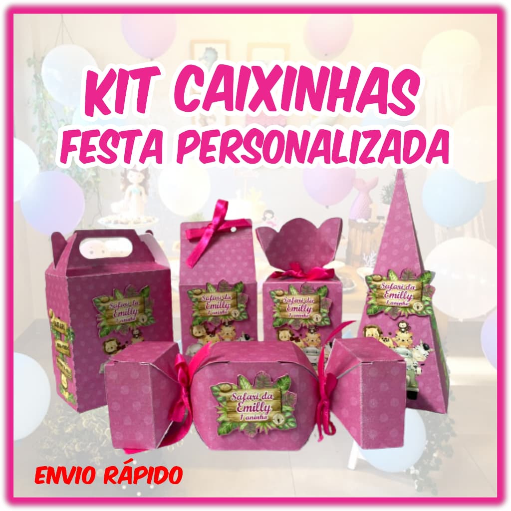 Kit Lembrancinhas  Safari Papelaria personalizadas  Caixinhas milk pirâmide bala meia bala e maletinha monte seu kit Festa Fácil - Papel off set -