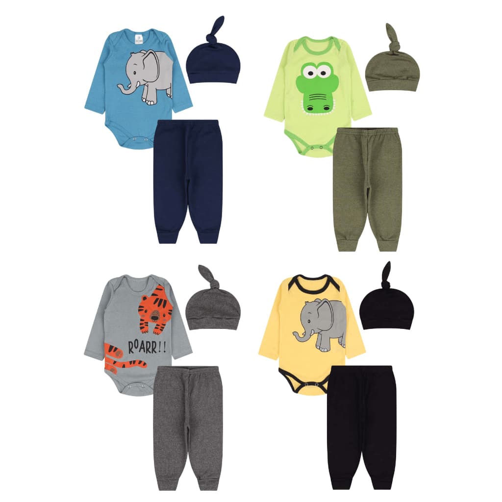 4 Conjuntos Body Bebe, Calça e Touca, Kit Personalizado Bebê 12 Peças = 4 Body Bebe + 4 Calças + 4 Toucas