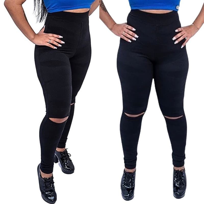 Calça Legging plus size Feminina Cintura Alta alta compressão detalhe no joelho