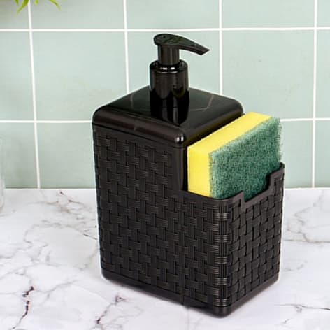 Porta Detergente Com Dispenser e Suporte Para Esponja Bucha 2 Em 1 Preto Plásticos Com Bico Dosador Sabão Sabonete Líquido Rattan De Pia Em Casa Cozinha Banheiro