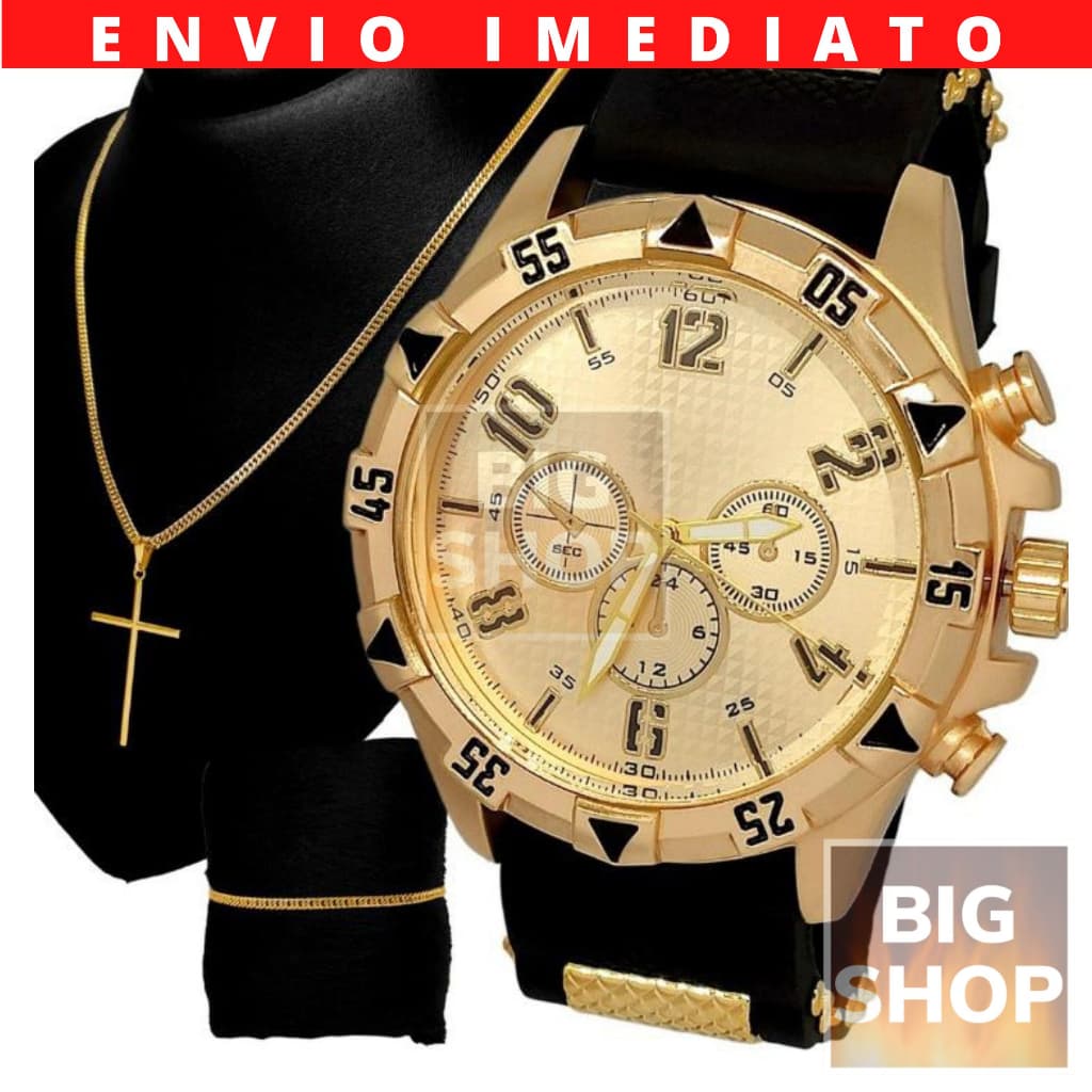 Masculino Dourado Relógio 18k KIT Silicone Banhado + Corrente + Cruz + Pulseira Banho 18k