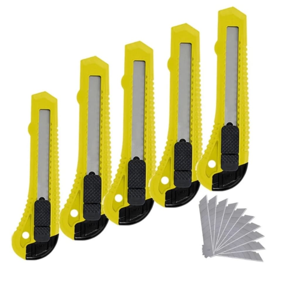 Kit 5x Estilete Comum 18mm Uso Geral + 10 Lâminas 18mm Estilete Cortador - Fertak.